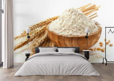 Whole grain wheat flour and ears isolated on white Wall mural