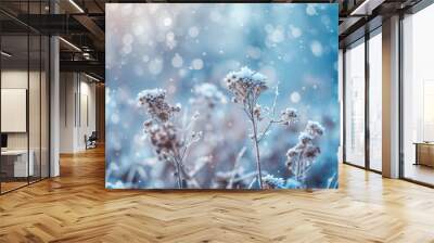 Winter atmospheric landscape with frost-covered dry plants during snowfall. Winter Christmas backgroun Wall mural