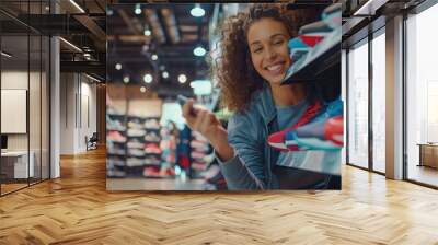 Young happy woman buying sports shoes at shopping mall. Wall mural