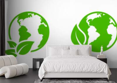 Eco world icon. Planet earth with leaf symbol. Vector illustration. Wall mural