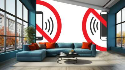 No phone sign. No talking and calling icon. Red cell prohibition. Flat vector illustration. Wall mural