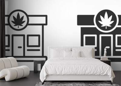 Vector illustration of a cannabis dispensary storefront icon in two styles, representing medical marijuana shops. Wall mural