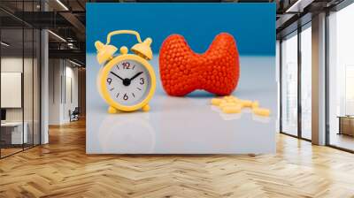 Thyroid disease prevention and early treatment concept. Model of gland and alarm clock with medicines close-up Wall mural