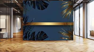 Art background with tropical palm leaves in blue color with golden elements in art line style. Generative AI Wall mural