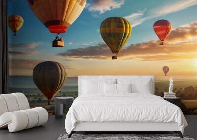 beautiful inspirational sunrise landscape with hot air balloons in sky, nature travel destination, scenic view banner background Generative AI Wall mural