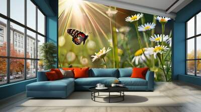 Beautiful spring, summer background nature with blooming wildflowers, wild flowers in grass and two butterflies soaring in nature in rays of sunlight close-up. Generative AI Wall mural