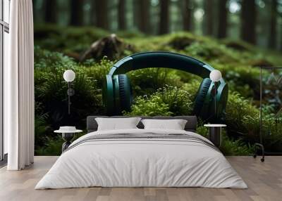 Forest green moss shaped like headphones symbolizing nature sustainability and relaxation through podcast audio or calming music. Generative AI Wall mural