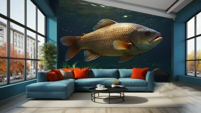 Freshwater fish carp (Cyprinus carpio) in the beautiful clean pound. Generative AI Wall mural