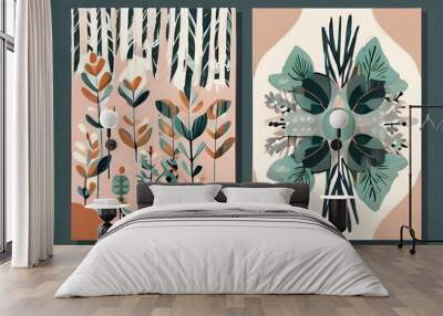 Set of six vector pre-made cards in modern abstract style with nature motifs, flowers, leaves and hand drawn texture. Generative AI Wall mural