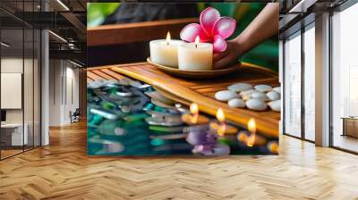 Spa beauty massage healthy wellness background. Spa Thai therapy treatment aromatherapy for body woman with flower Plumeria nature candle for relax summer time. Generative AI Wall mural