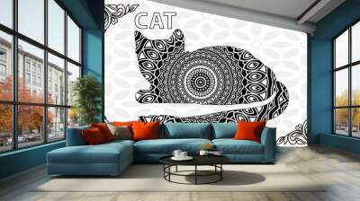 Stylized sketch cat. Hand drawn cartoon animal illustration for antistress coloring book page. Black and white doodle ornate cat for Wall mural