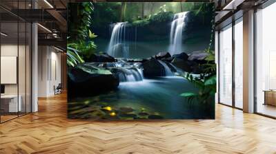 Waterfall in a tropical forest with floating fireflies. The concept of peaceful nature and purity. Generative AI Wall mural