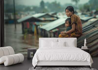 People flee to rooftops as floodwater reaches rooftops, Southeast Asia, flood, disaster Wall mural