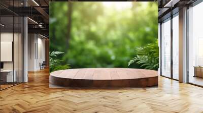 Empty Wooden Tabletop Podium in Garden Open Forest with Blurred Green Plants Background for Organic Product Presentation Wall mural