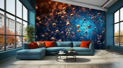 Molecular Chain of Golden Molecules on Blue Background Wall mural