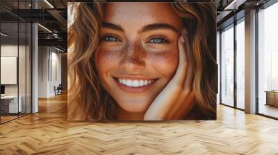 A beautiful, glowing woman with soft, healthy skin, smiling confidently while gently resting her hand on her face Wall mural