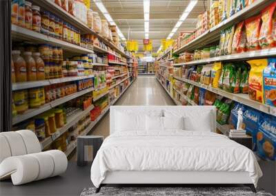 A busy grocery store aisle filled with processed foods, with certain items highlighted to show their high sodium levels Wall mural