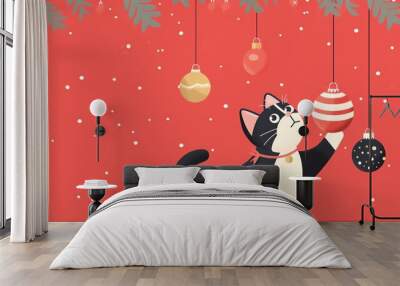 Cat playing with Christmas ornaments, festive fun, flat design illustration Wall mural