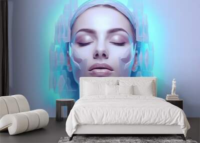 Futuristic facial treatment with glowing blue light. Technology meets beauty for advanced skin rejuvenation. Relaxing and innovative procedure. Wall mural