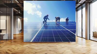 Solar Panel InstallationDepict workers installing solar panels on a house roof, harnessing the power of the sun to generate clean, renewable energy, with rows of sleek panels gleaming in the sunlight Wall mural