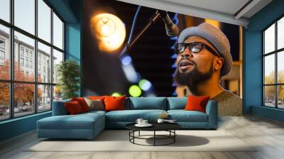 Black male singing in a recording studio, close up Wall mural