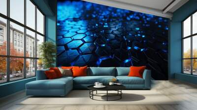 Close-up view of hexagonal pattern with blue neon lighting, giving a futuristic technology texture. Wall mural