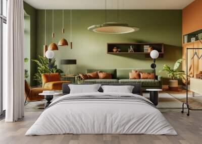 Italian Modern Living Space, Olive Green and Terracotta, Elegantly Lit. Wall mural