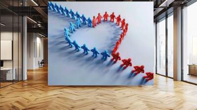 Line of blue people turning red, forming heart shape - Togetherness - Cooperation - Teamwork. Wall mural