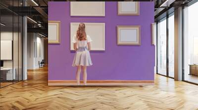 young girl in a gallery with empty frames on a royal purple wall, creative atmosphere Wall mural