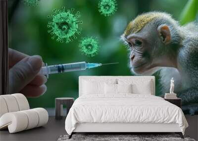 A shocked monkey stares at a syringe held by a doctor's hand, surrounded by floating MPOX particles in a jungle setting, new pandemic threat, zoonotic disease. Wall mural