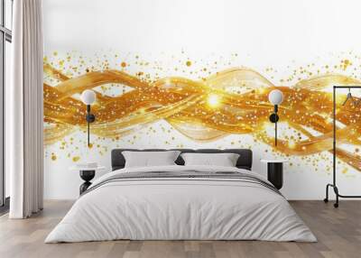 Abstract gold glittery wave patterns on a white background, perfect for festive designs, celebrations, or elegant event invitations. Wall mural