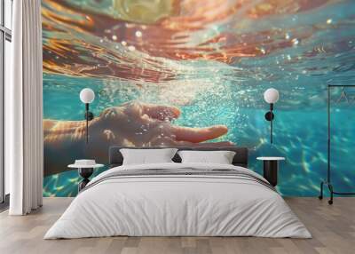 Abstract iridescent underwater swimming in the sun. Summer ocean waves with closeups up bubbles and hands, Leisure and sport swimming concept for design and print Wall mural