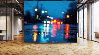 City street lights and reflections on a rainy evening for modern decor Wall mural