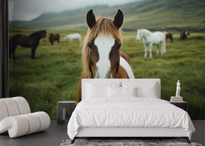 Close-up portrait of brown and white horse in scenic spring pasture Wall mural