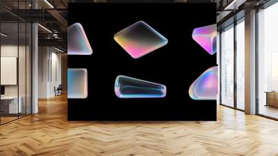 Collection of glowing, colorful holographic glass shapes in various abstract forms isolated on a black background, highlighting their vibrant and futuristic design. Wall mural