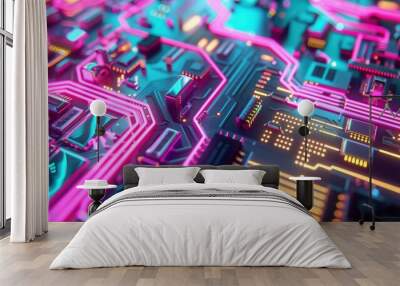 Electronic circuit board detailed close-up, purple gold shiny computer motherboard. AI ML technology hardware minimalist concept background banner Wall mural