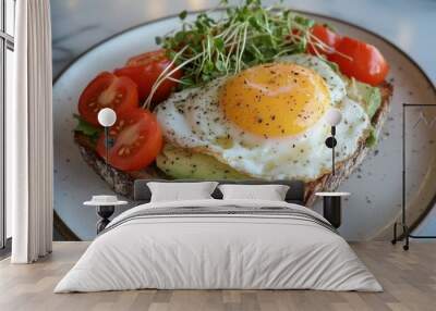 Gourmet food photography: avocado toast with poached egg and fresh tomatoes for culinary inspiration Wall mural