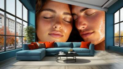 Intimate close-up portrait of young couple embracing love and connection Wall mural