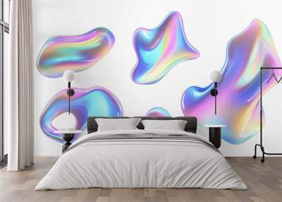 Iridescent pastel holographic liquid shapes, isolated on a transparent background. Wall mural