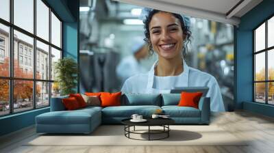 Joyful young female worker in sterile kitchen environment for commercial use Wall mural