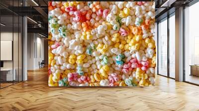 Macro close-up of light airy colourful rainbow rice krispies, Rice Krispies cereal texture surface for wallpaper banner background with copyspace Wall mural