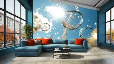 Refreshing blue spring water with sparkling bubbles on a sunny day background design Wall mural