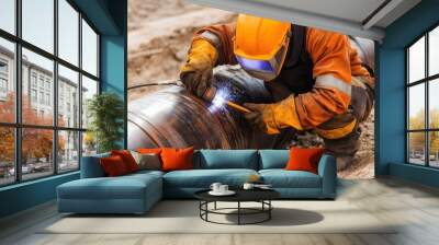 Skilled welder working on pipeline construction in industrial setting Wall mural