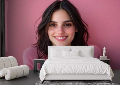 Spring portrait of smiling woman in pink sweater for fashion and beauty design Wall mural