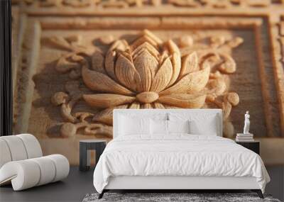 Traditional lotus flower motif in indian temple carving for cultural decor and design Wall mural