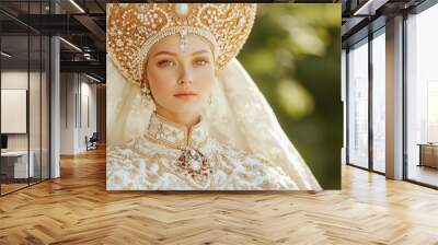 Traditional russian attire with intricate kokoshnik for cultural celebrations Wall mural