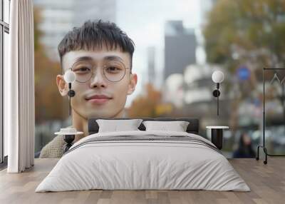 Urban autumn style: young man with glasses in cityscape Wall mural