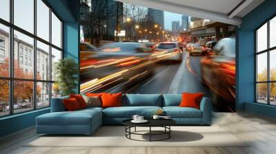 Urban speed: high velocity traffic in cityscape evening Wall mural