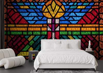 Vibrant stained glass window with geometric patterns for decor or card design Wall mural