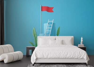 3D illustration of a growth chart with a ladder and red flag, representing success, achievement, and business progress on a blue background. Wall mural